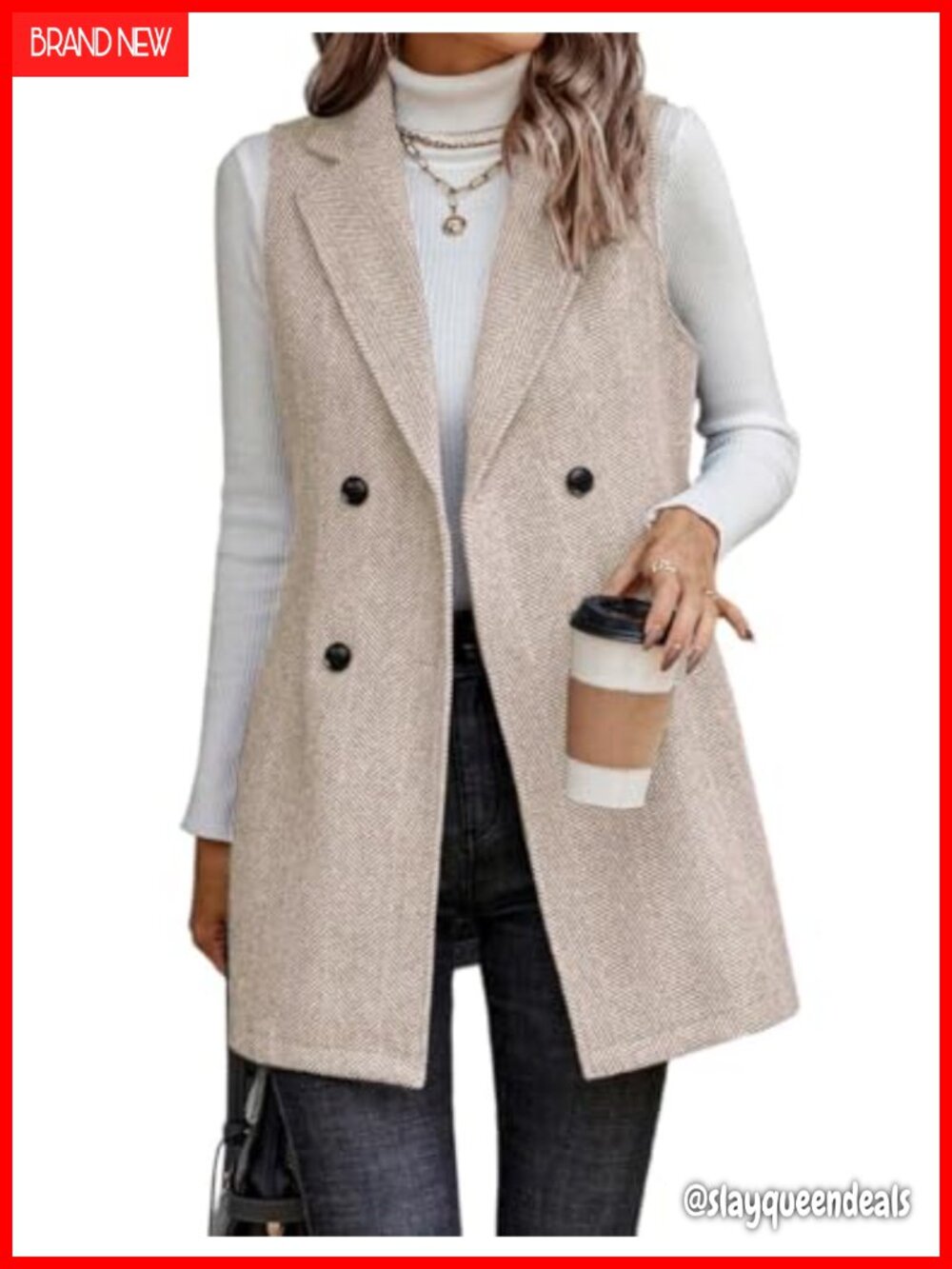 Sleeveless Tweed Blazer Long Vest Herringbone Wool Blend Business Casual